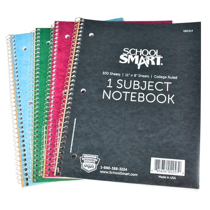 School Smart Spiral 1 Subject Notebook, White